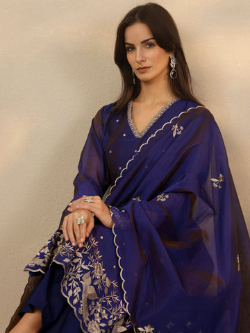 Libas Blue Embroidered Silk Blend Straight Suit Set With Dupatta