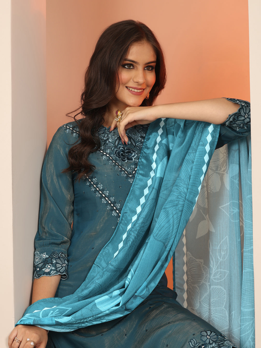  Blue Embroidered Silk Blend Straight Suit Set With Dupatta 