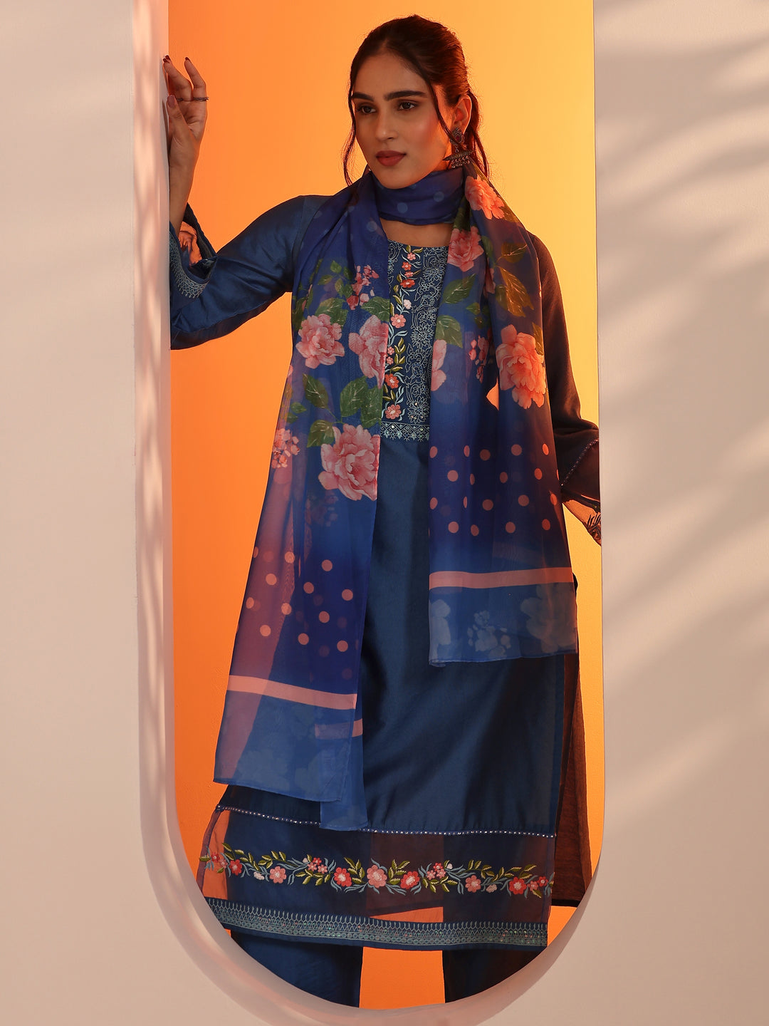 Blue Embroidered Silk Blend Straight Suit Set With Dupatta