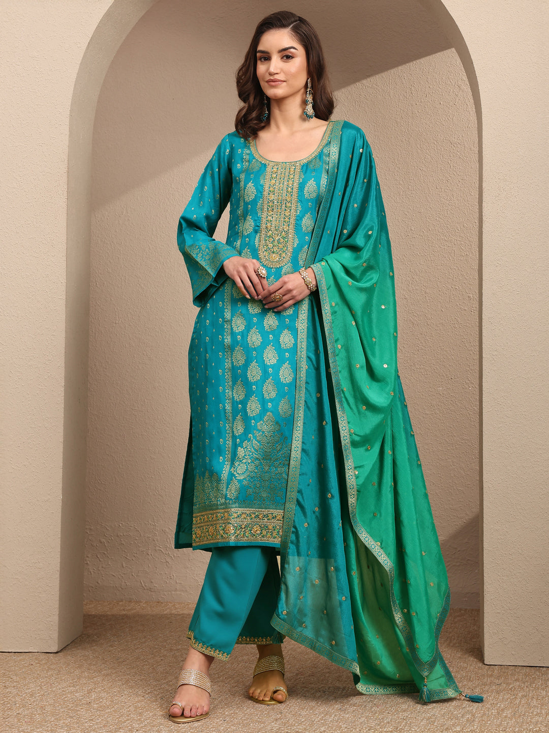  Blue Embroidered Silk Blend Straight Suit Set With Dupatta 