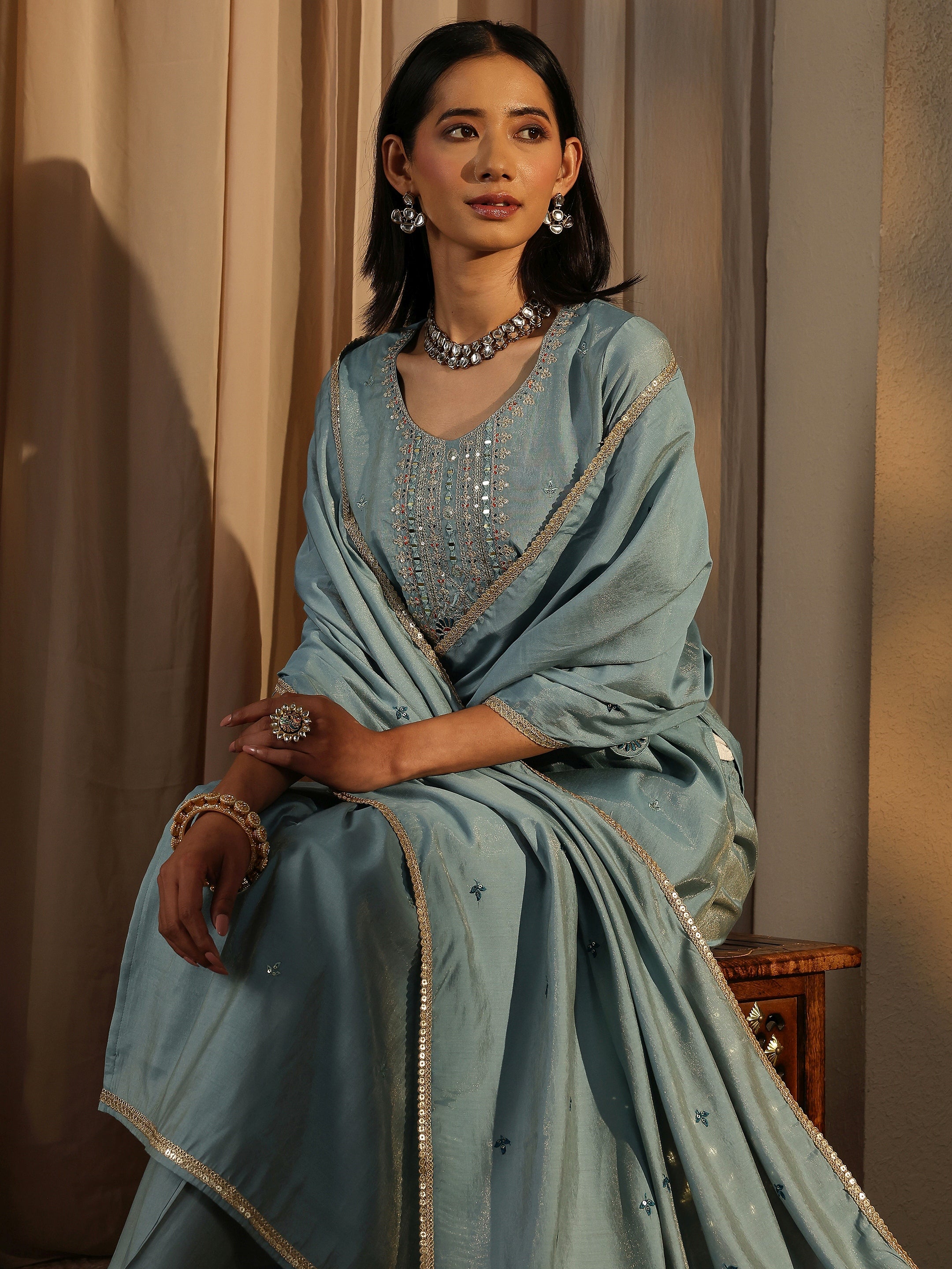 libas Blue Embroidered Silk Blend Straight Suit Set With Dupatta-picture-37