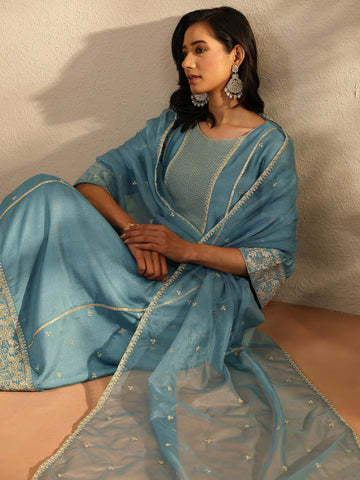 Blue Embroidered Silk Blend Straight Suit Set With Dupatta