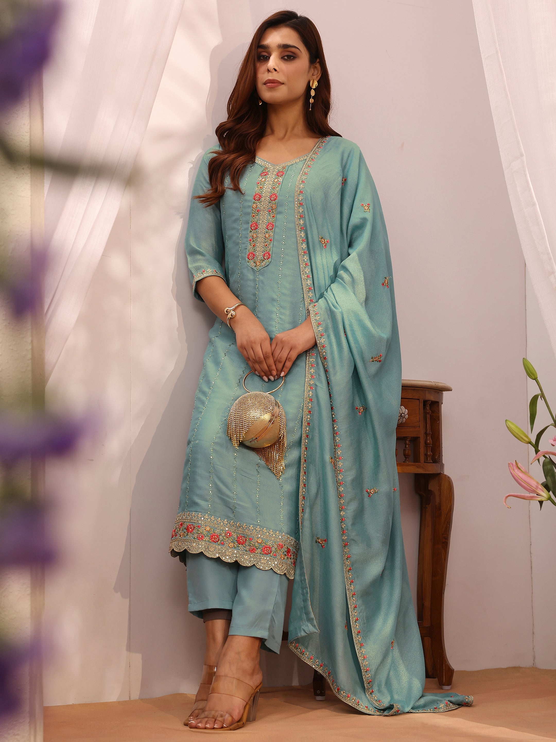 libas Blue Embroidered Silk Blend Straight Suit Set With Dupatta-picture-45
