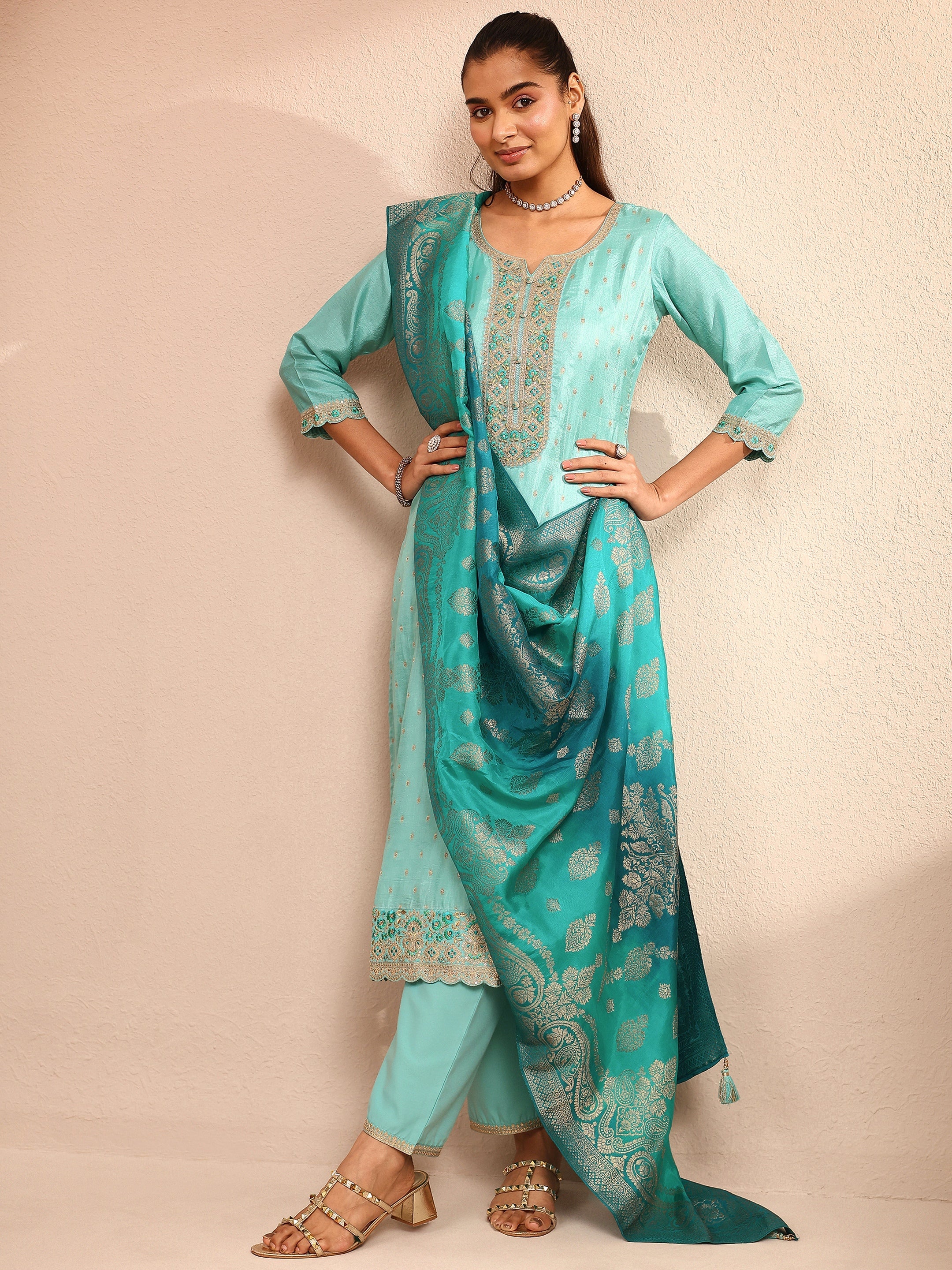 Blue Embroidered Silk Blend Straight Suit Set With Dupatta-image-45