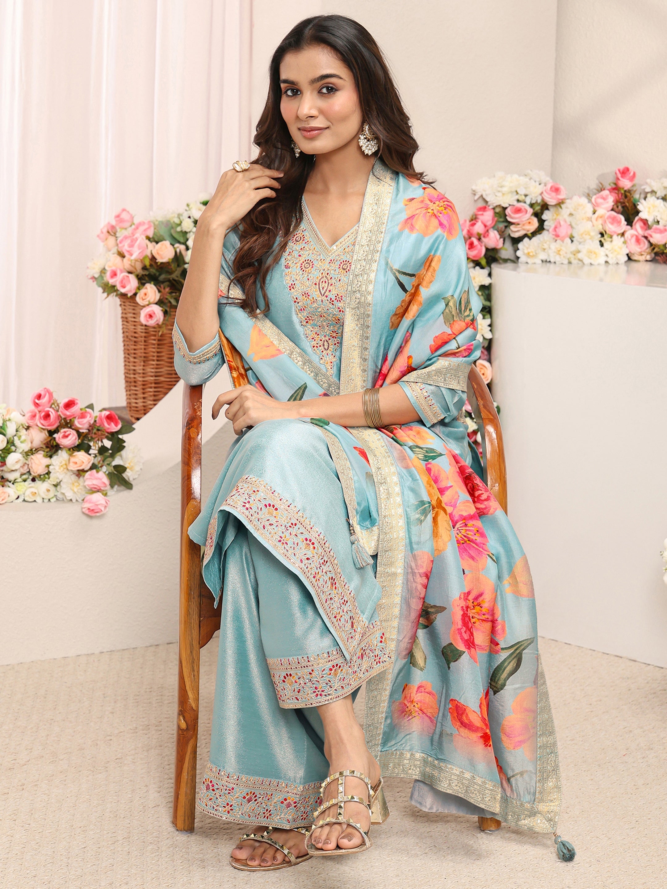 Blue Embroidered Silk Blend Straight Suit Set With Printed Dupatta-image-9