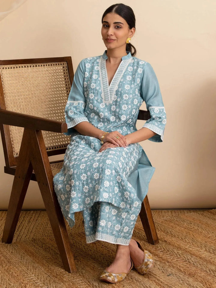 Blue Embroidered Silk Kurta - Libas