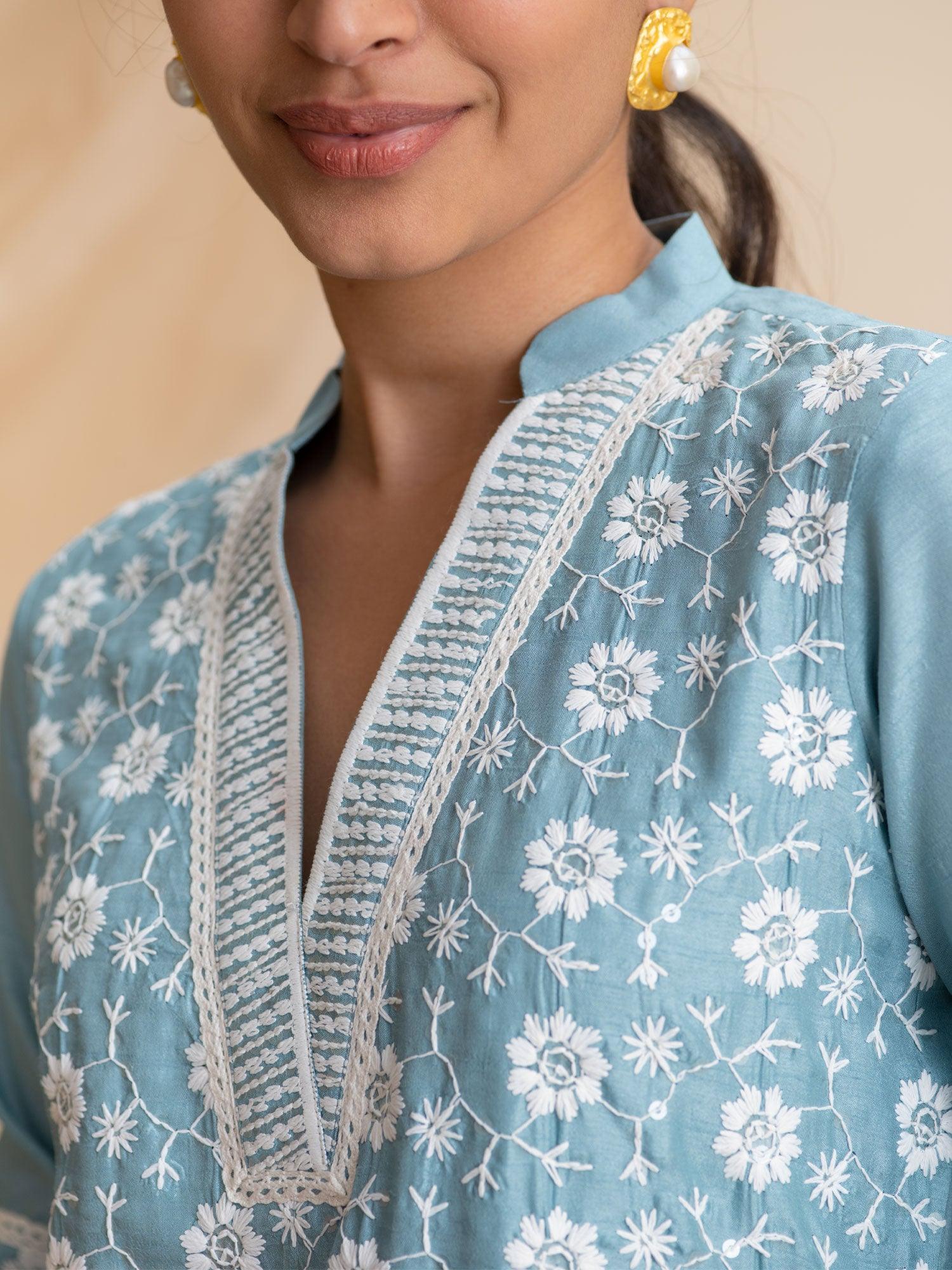 Blue Embroidered Silk Kurta