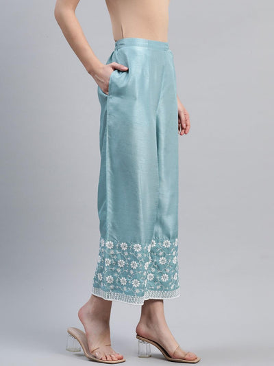 Blue Embroidered Silk Palazzos - Libas