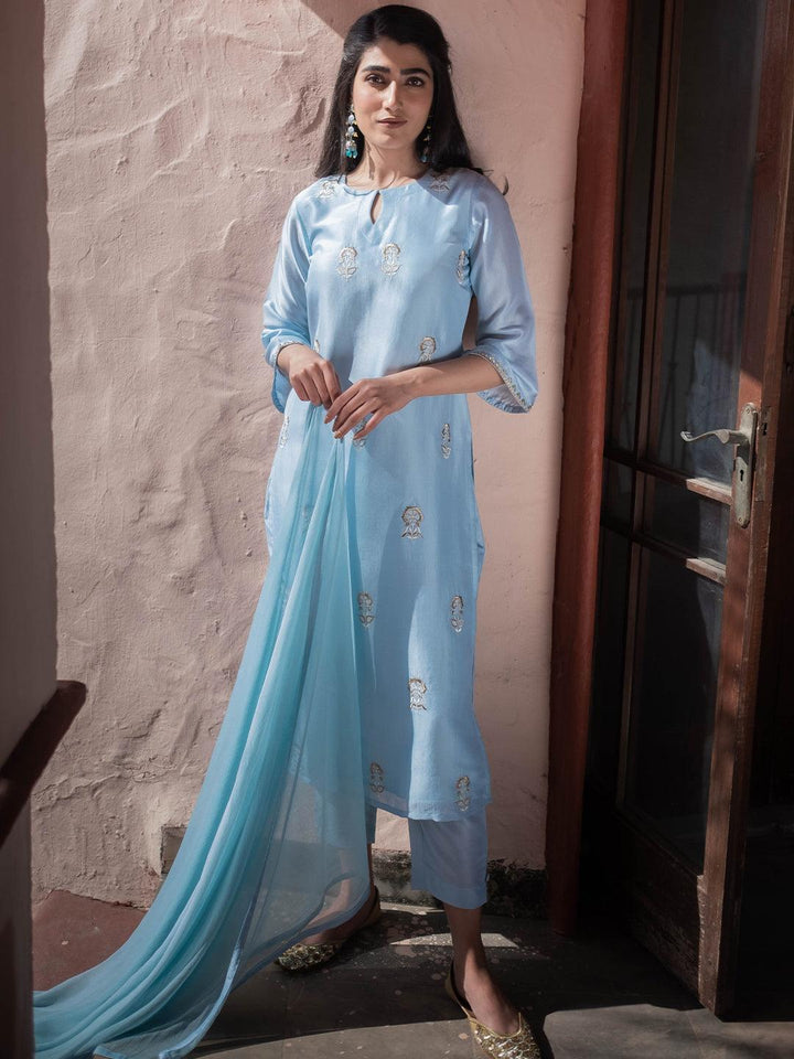 Blue Embroidered Silk Suit Set - Libas