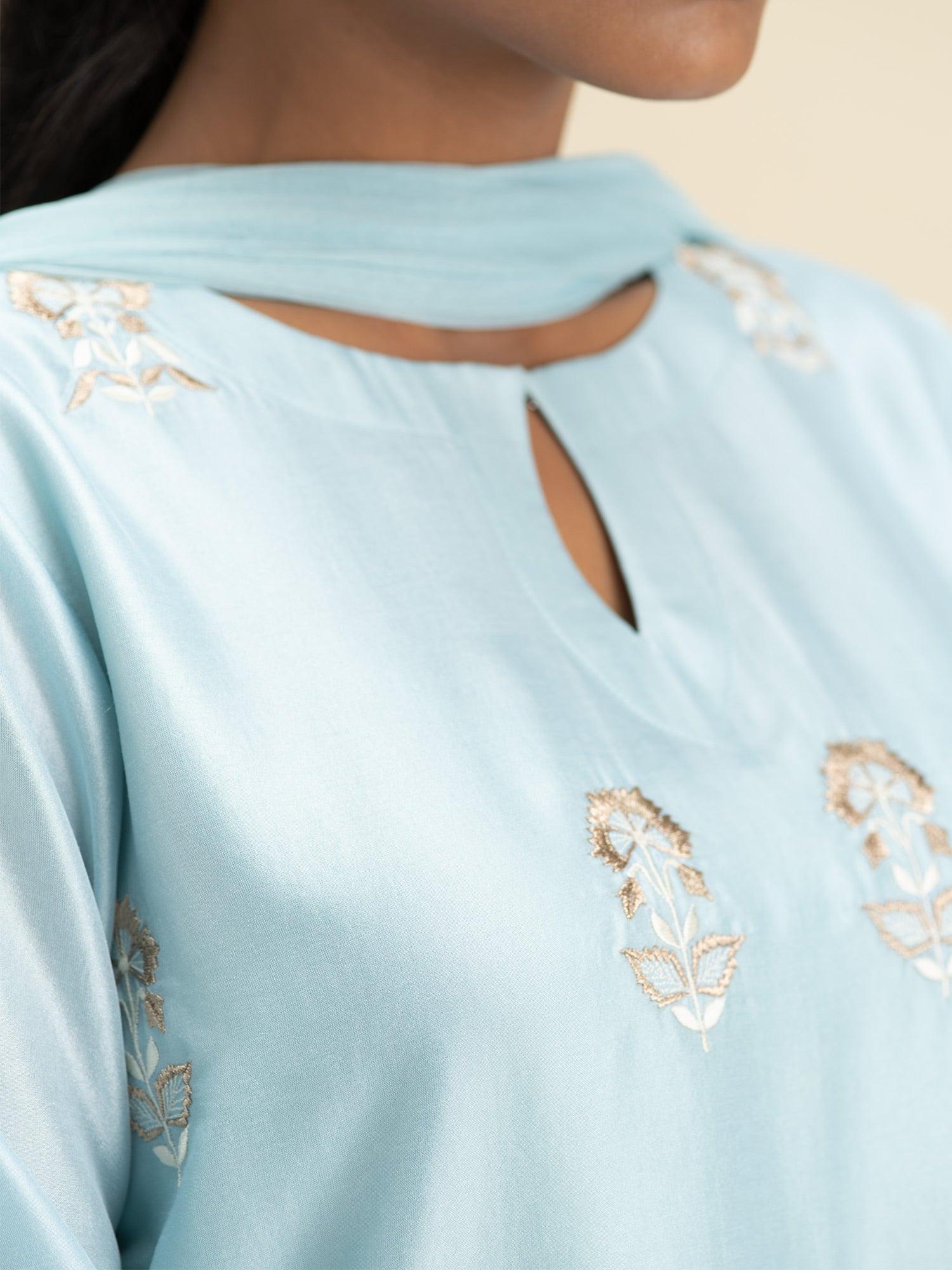 Blue Embroidered Silk Straight Kurta With Dupatta
