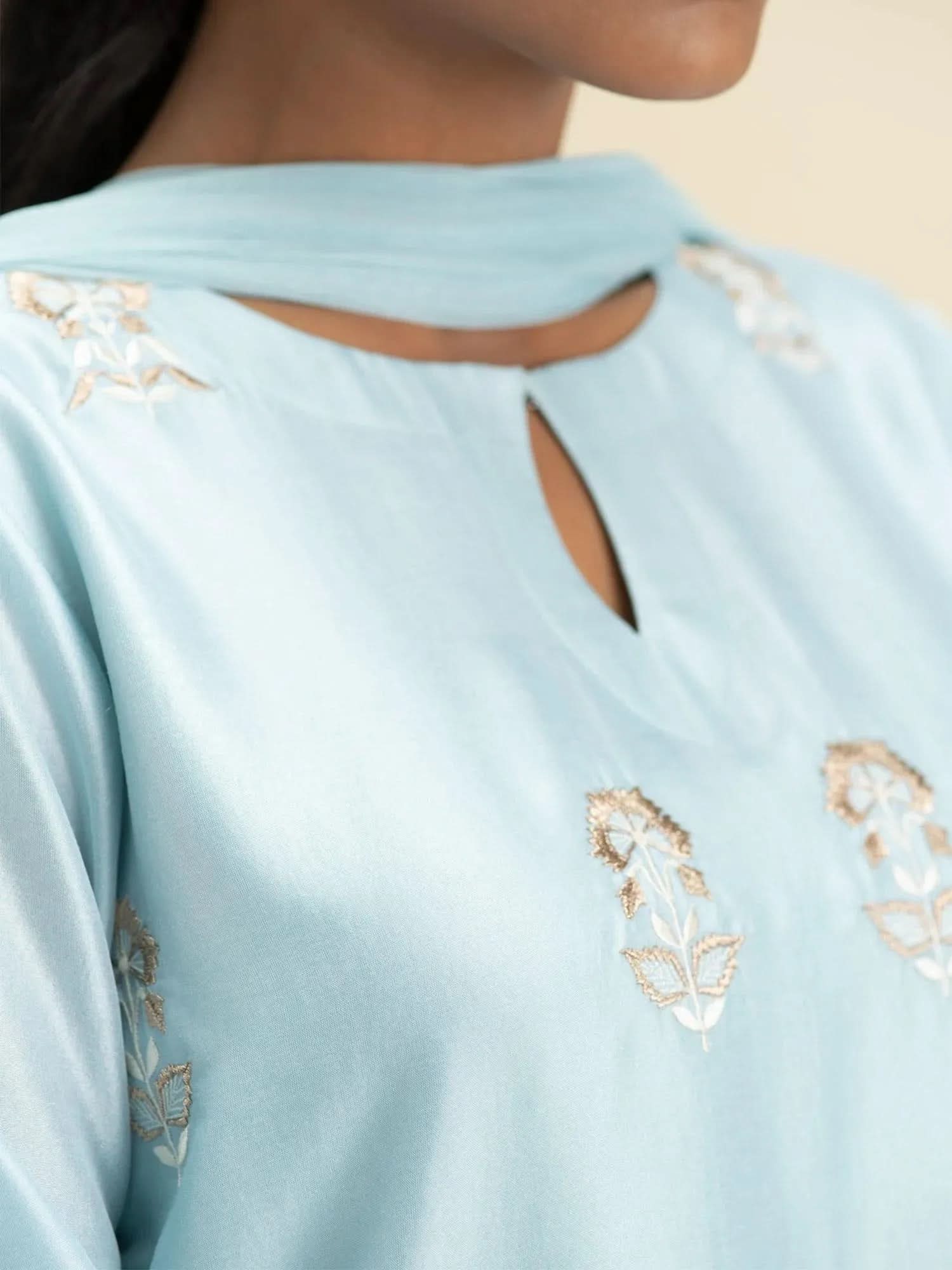 

Blue Embroidered Silk Straight Kurta With Dupatta