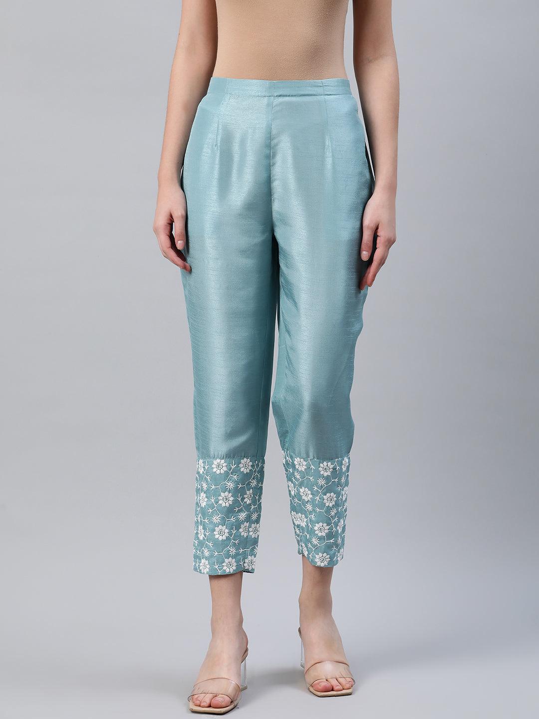 Blue Embroidered Silk Trousers