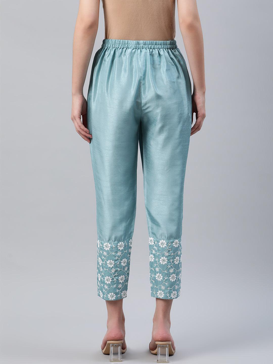 Blue Embroidered Silk Trousers