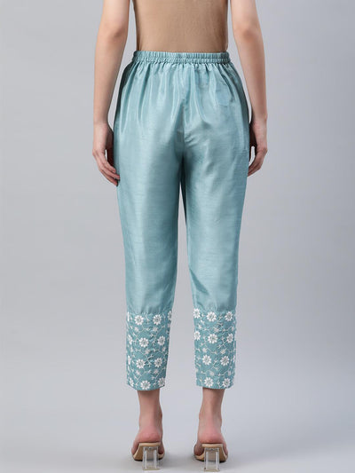Blue Embroidered Silk Trousers - Libas