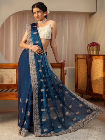 Blue Ethnic Embellished Tissue Saree