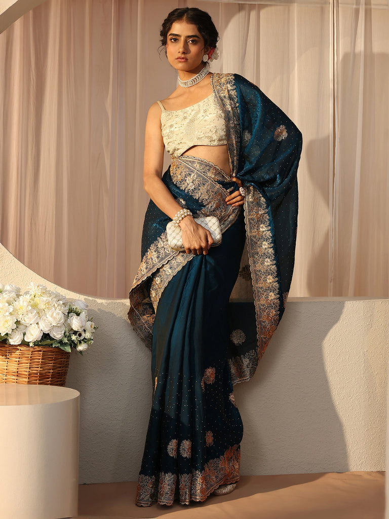 Libas Blue Ethnic Embellished Tissue Saree