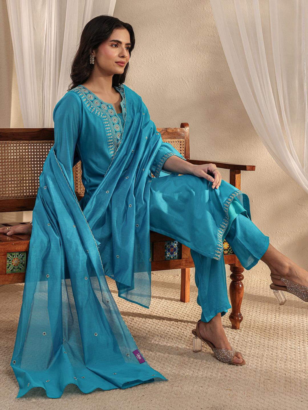  Blue Ethnic Embroidered Chanderi Silk Straight Suit Set With Dupatta 