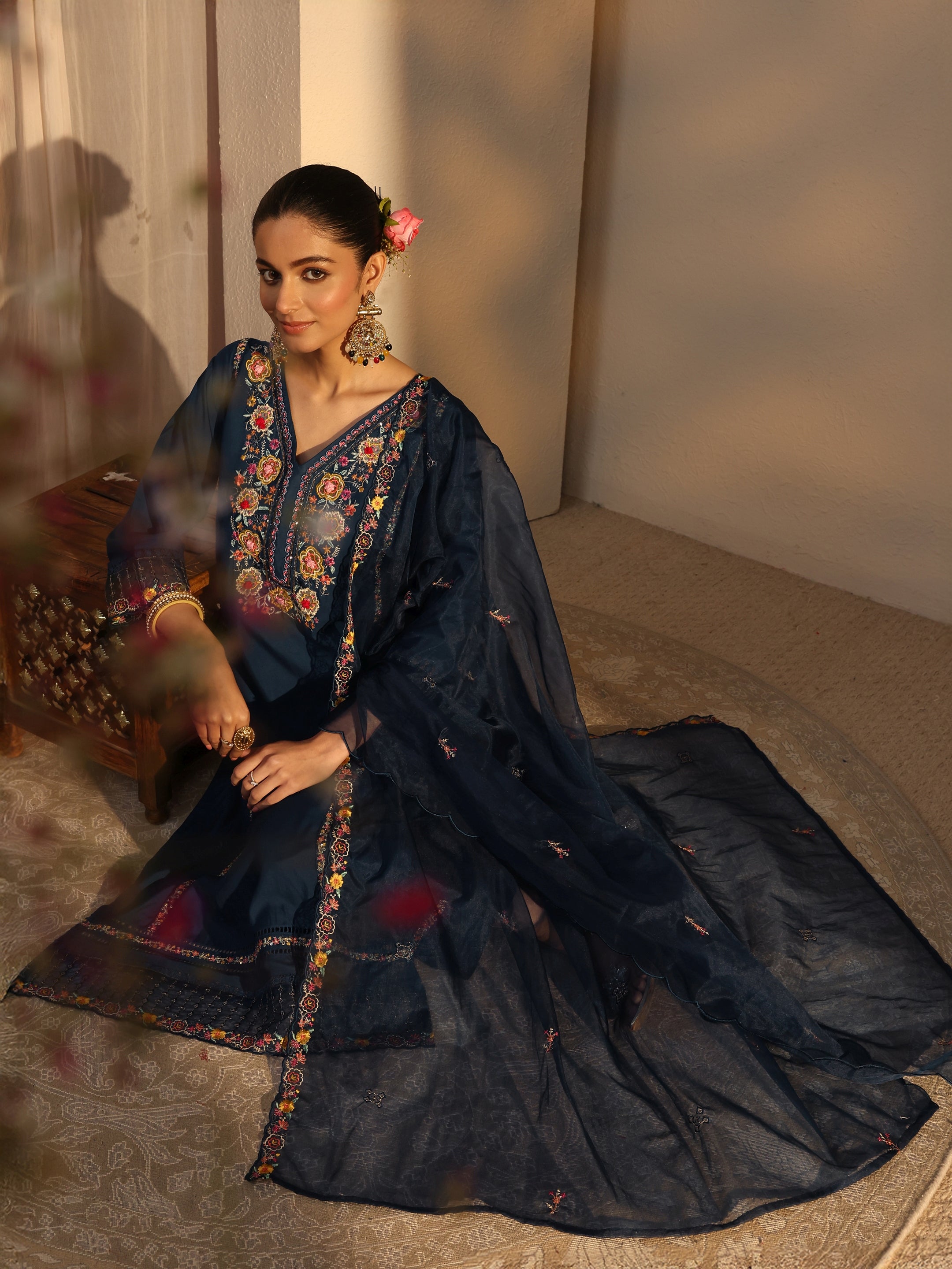 libas Blue Ethnic Embroidered Silk Blend Straight Suits Set With Dupatta-picture-20