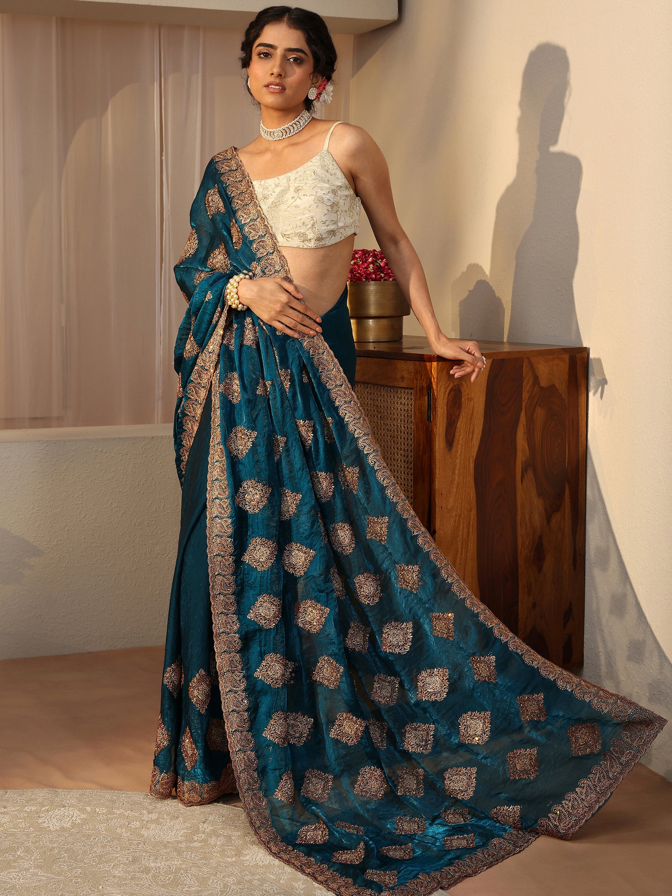 libas Blue Ethnic Embroidered Tissue Saree-picture-19