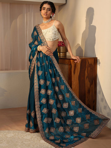 Blue Ethnic Embroidered Tissue Saree