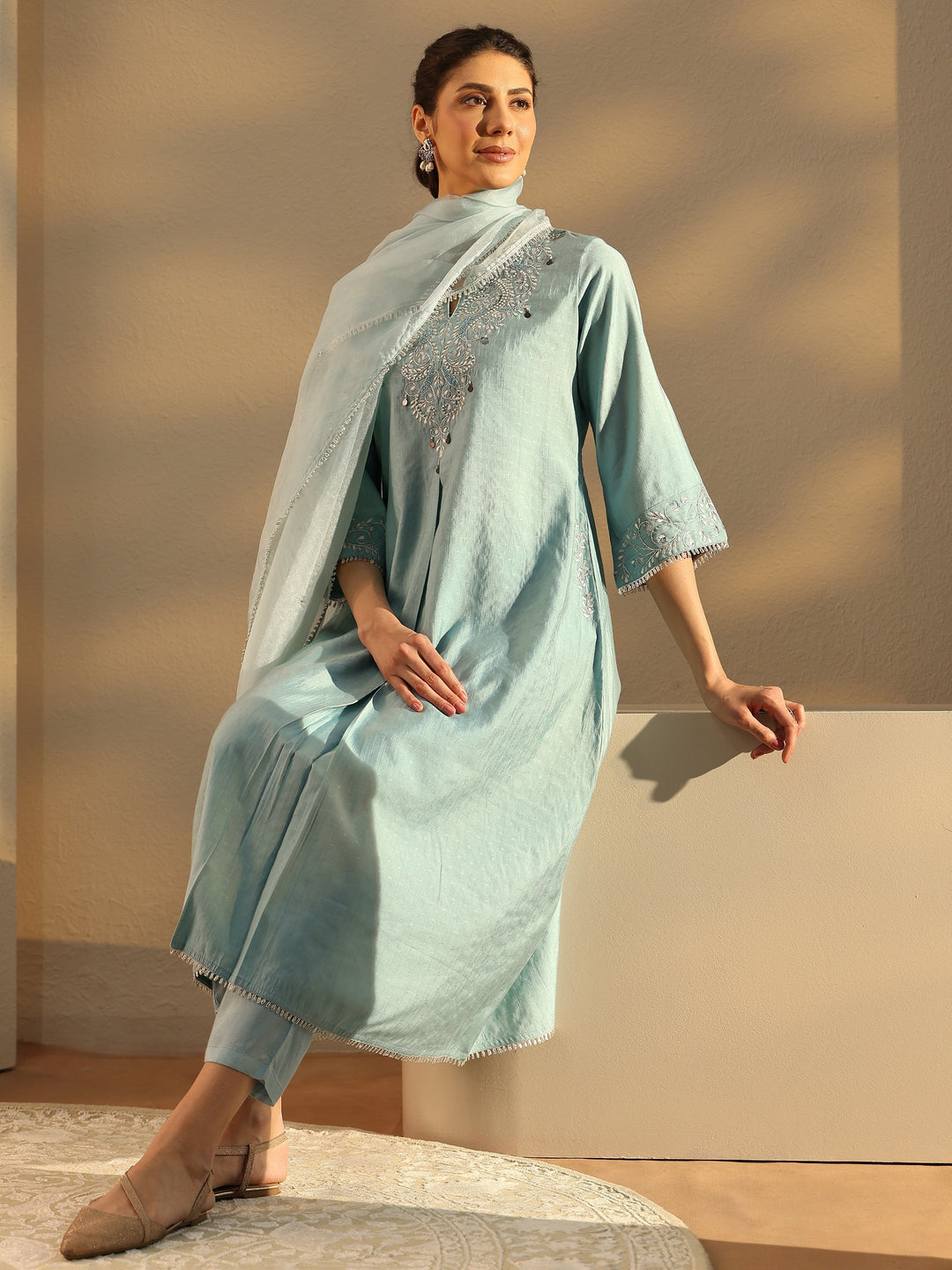  Blue Ethnic Motif Embroidered Silk Blend A-Line Suit Set With Dupatta 