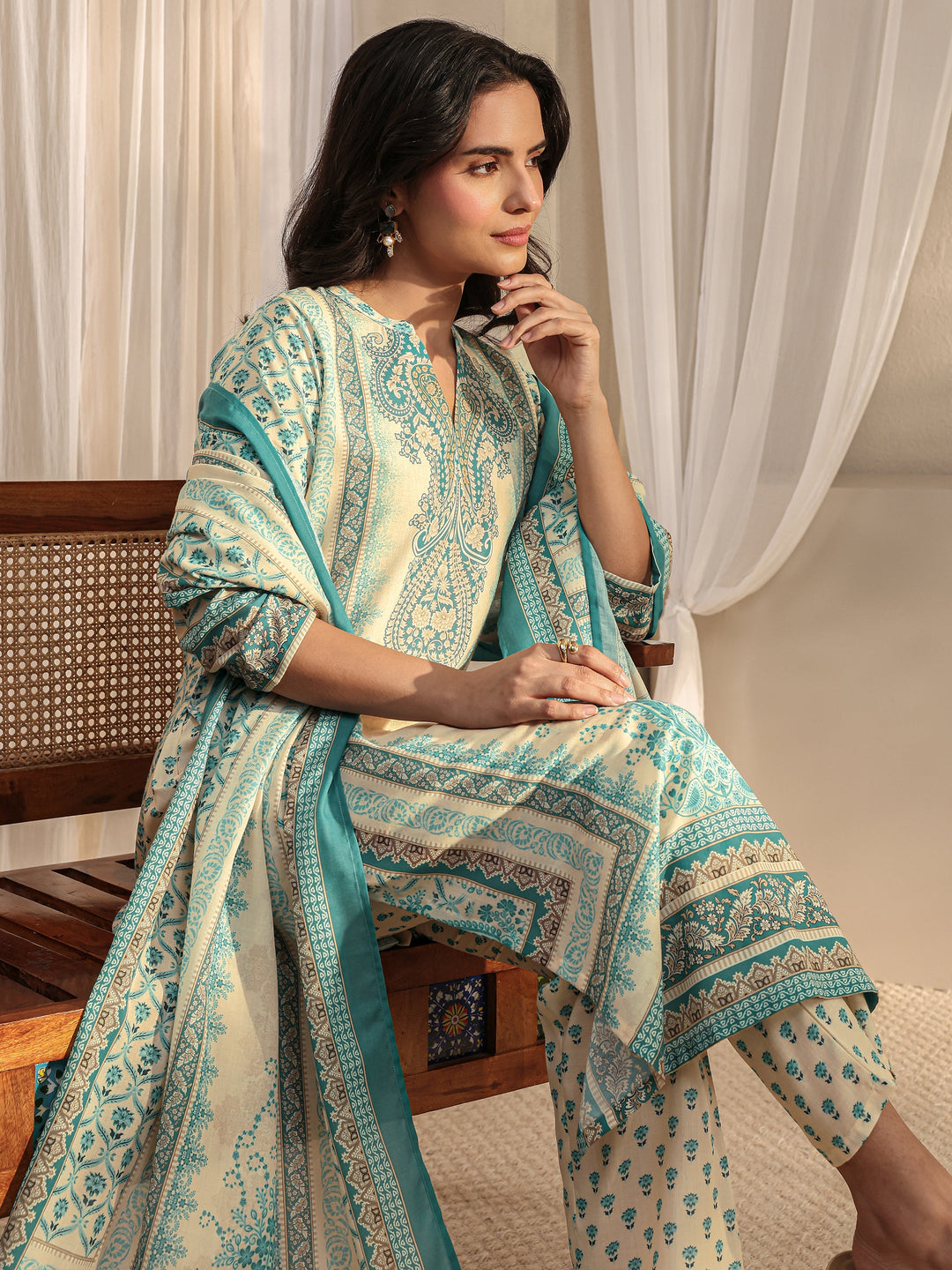 Blue Ethnic Motif Printed Cotton Blend Straight Suit Set With Dupatta 