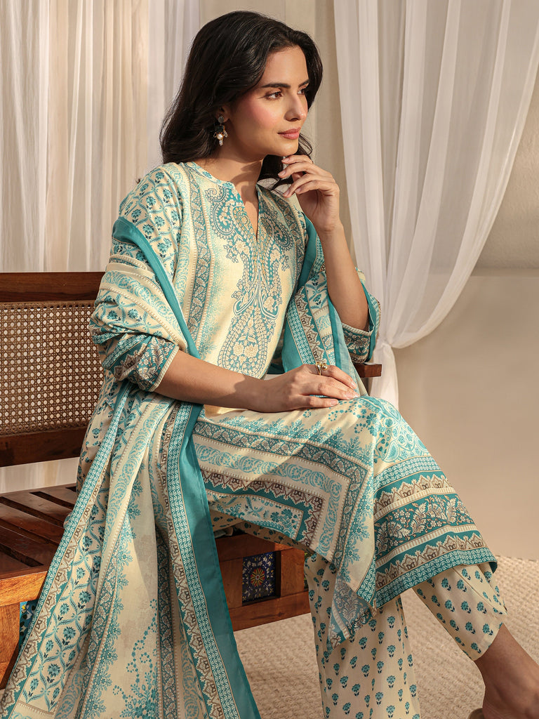 Libas Blue Ethnic Motif Printed Cotton Blend Straight Suit Set With Dupatta