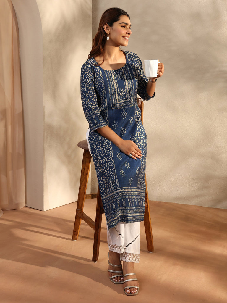 Libas Blue Ethnic Motif Printed Silk Blend Straight Kurta