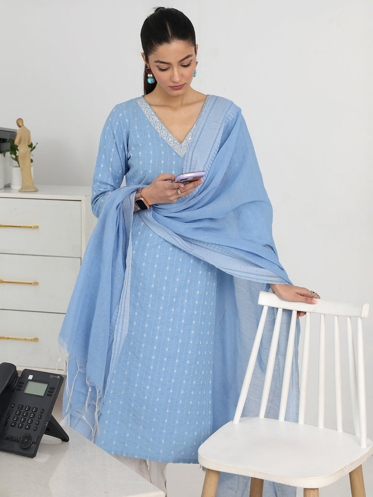 Gerua Blue Ethnic Motif Woven Design Cotton Blend Straight Suit Set With Dupatta