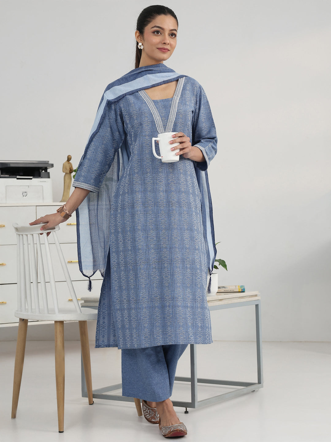  Blue Ethnic Motif Woven Design Cotton Blend Straight Suit Set With Dupatta 