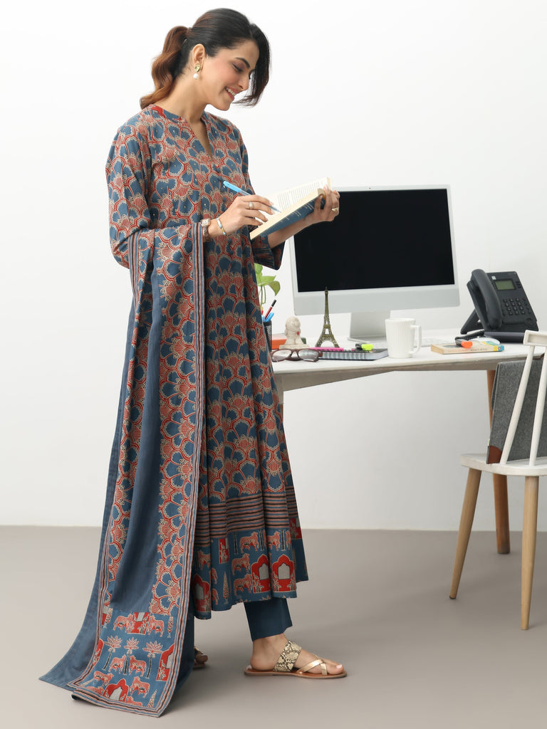 Gerua Blue Ethnic Motifs Printed Cotton Blend A-Line Suit Set With Dupatta
