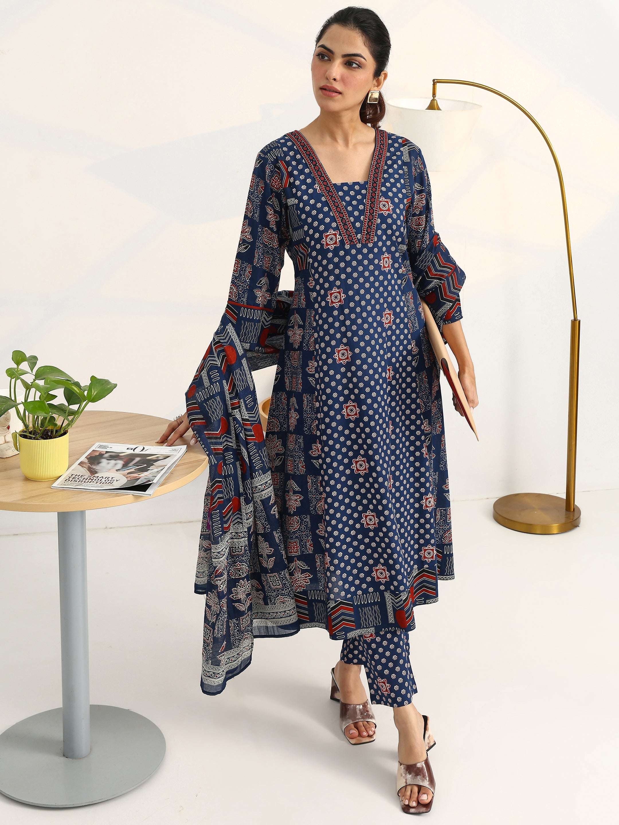 libas Blue Ethnic Motifs Printed Cotton Blend A-Line Suit Set With Dupatta-picture-44