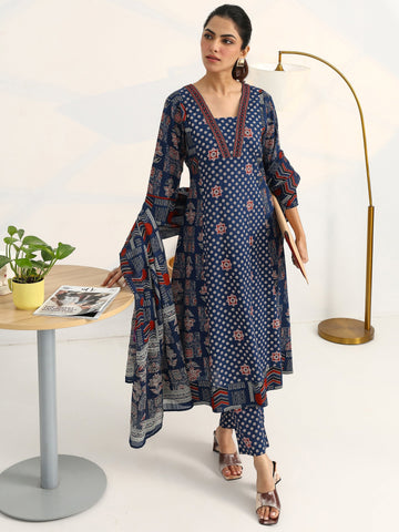 Gerua Blue Ethnic Motifs Printed Cotton Blend A-Line Suit Set With Dupatta