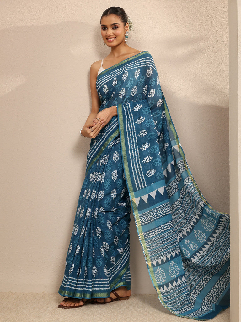 Libas Blue Ethnic Motifs Printed Cotton Blend Saree With Unstitched Blouse Piece