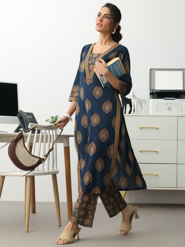 Gerua Blue Ethnic Motifs Printed Cotton Blend Straight Kurta Set