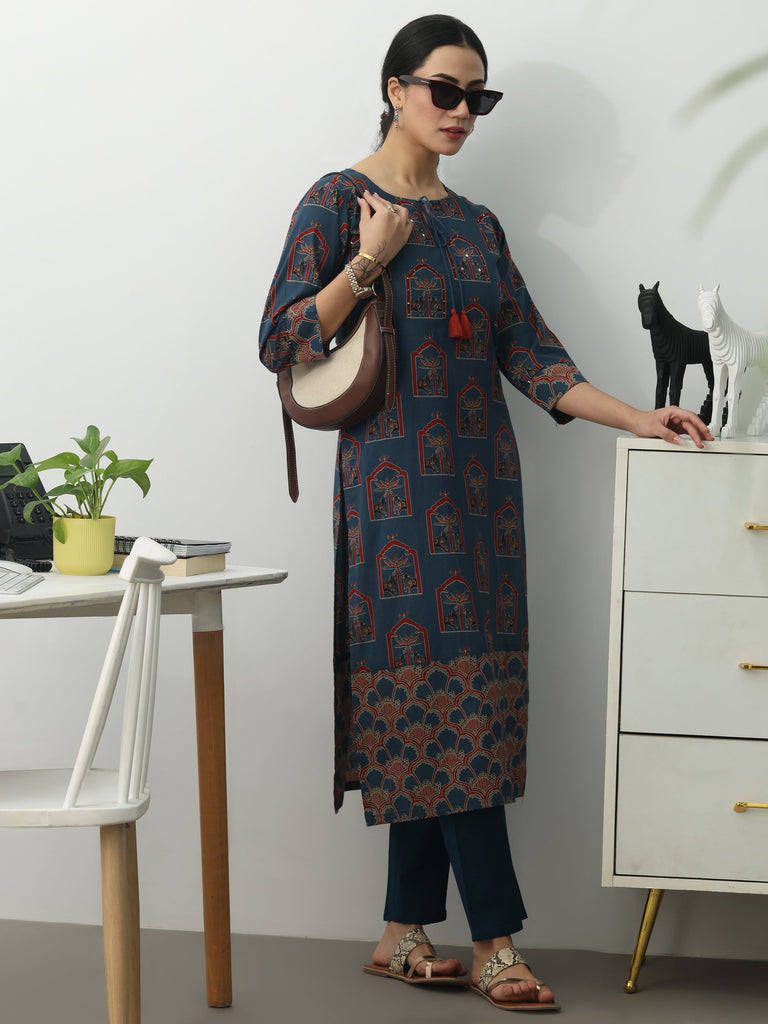 Gerua Blue Ethnic Motifs Printed Cotton Blend Straight Kurta Set