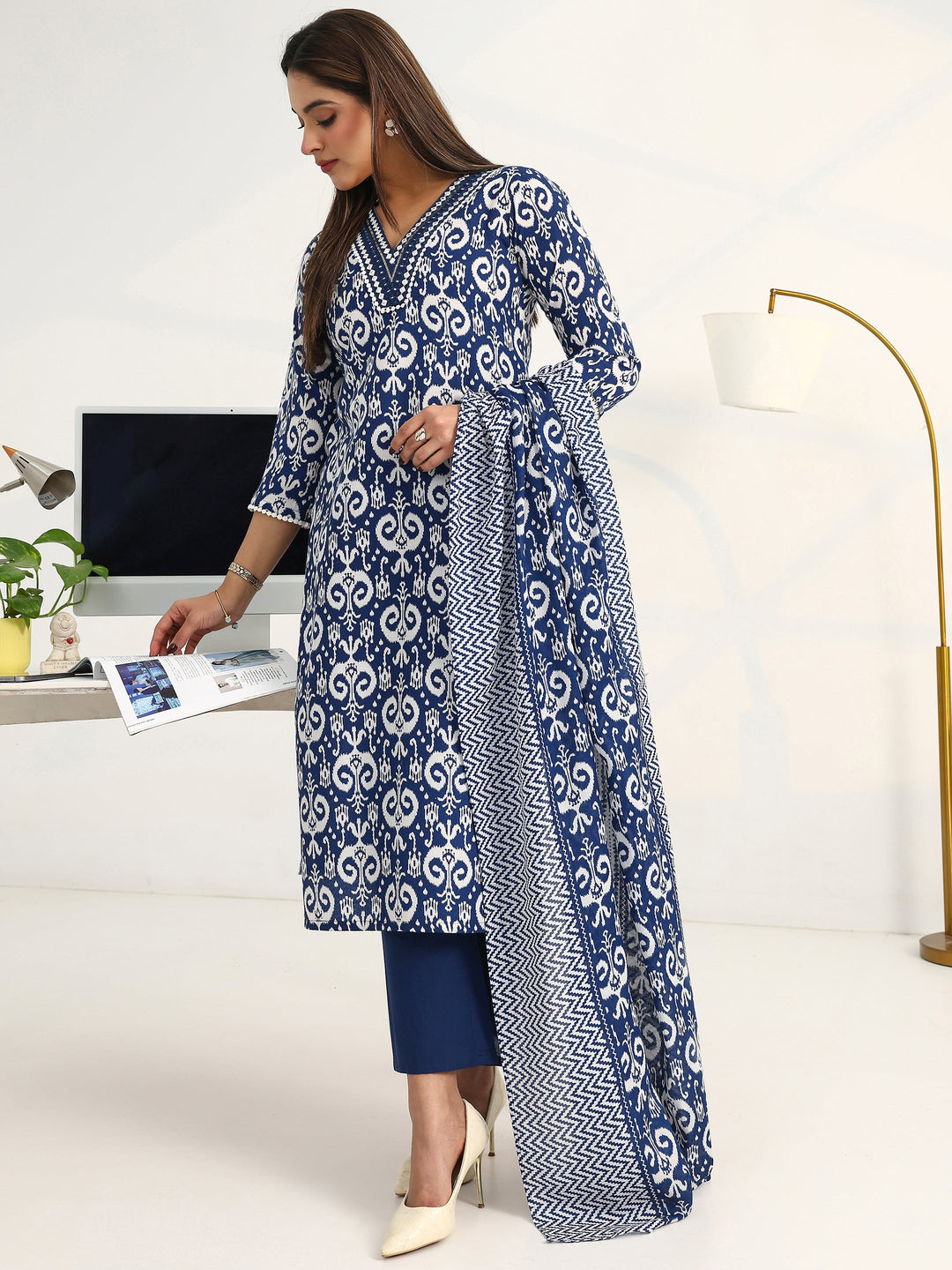 Blue Ethnic Motifs Printed Cotton Blend Straight Suit Set With Dupatta