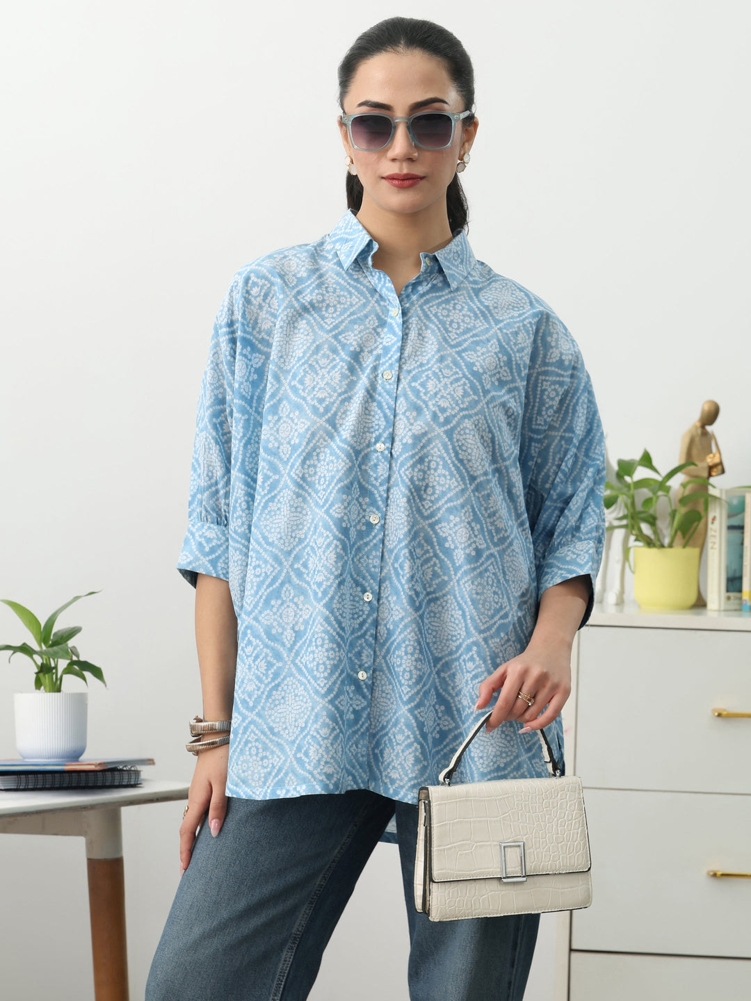 Bandhani Blue Cotton Blend Signature Shirt 