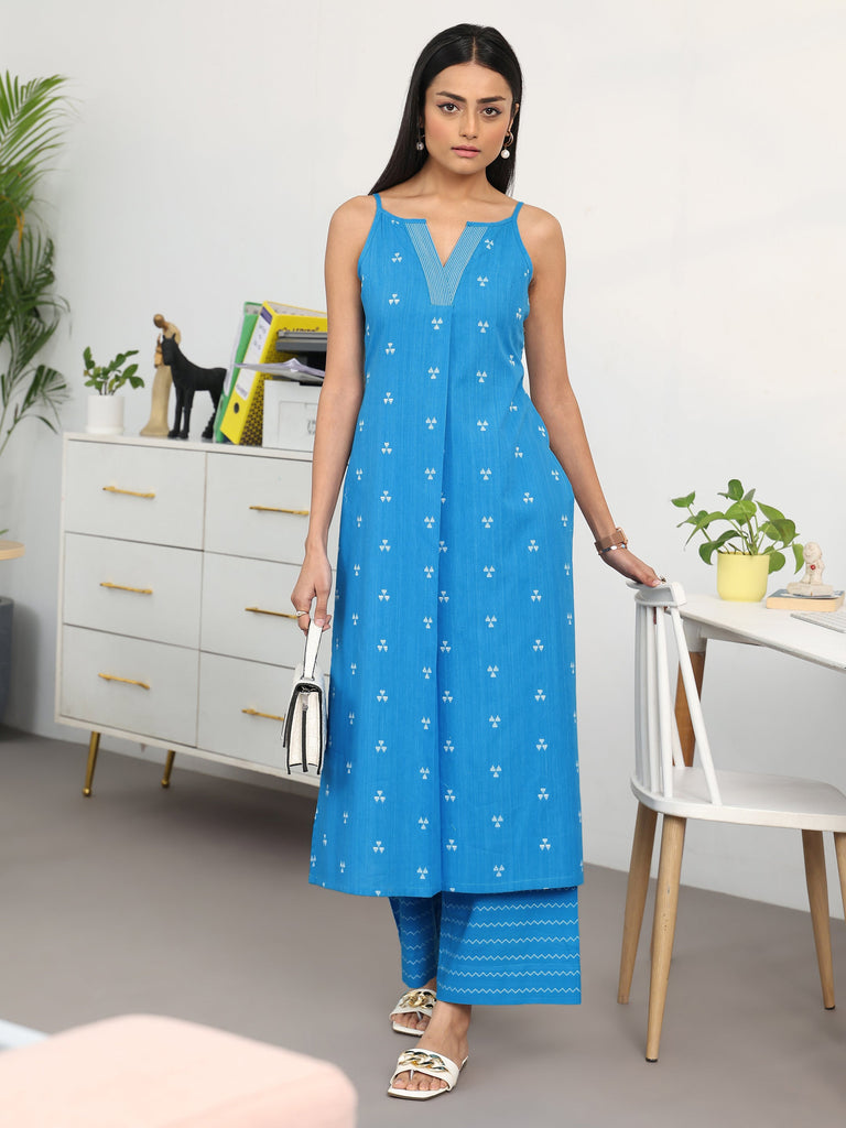 Gerua Blue Ethnic Motifs Woven Design Cotton Blend A-Line Kurta Set