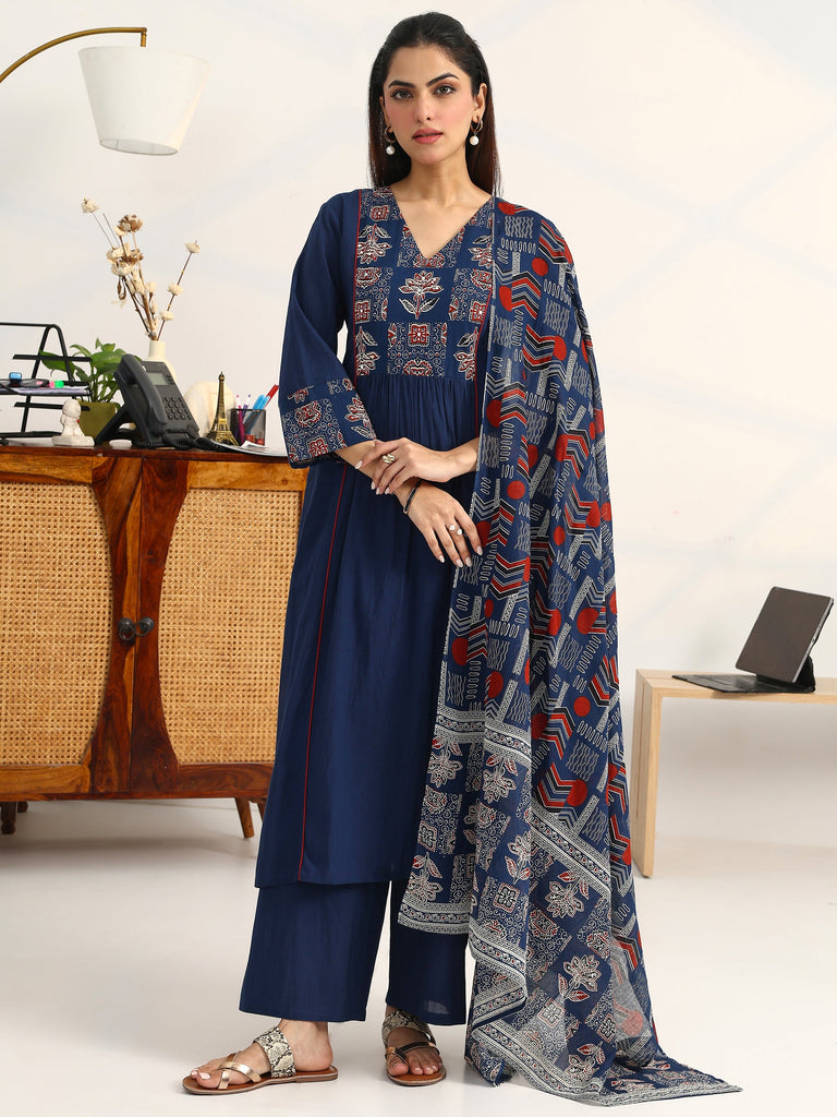 Gerua Blue Ethnic Motifs Yoke Design Cotton Blend A-Line Suit Set With Dupatta