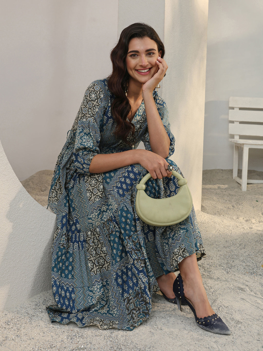  Blue Ethnic Printed Cotton A-Line One Piece Dress 