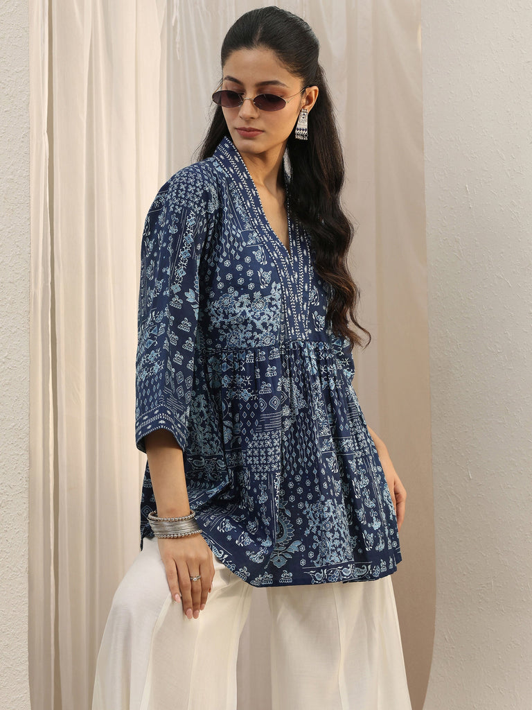 Libas Blue Ethnic Printed Cotton A-Line Short Kurti