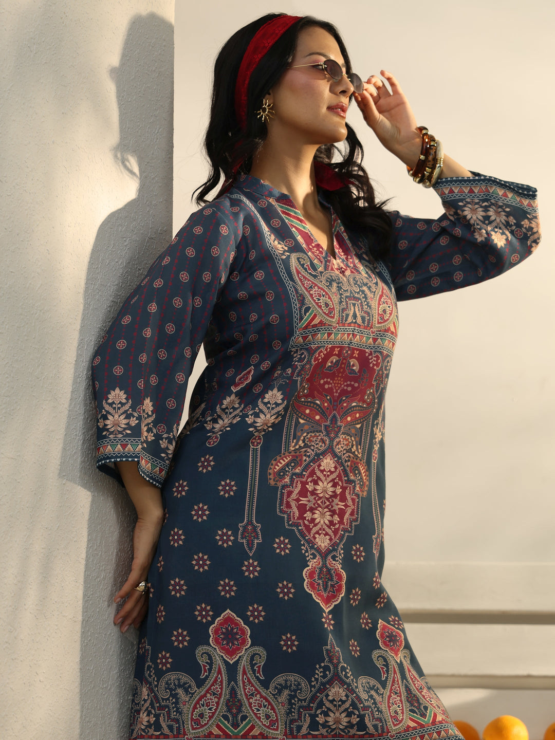  Blue Ethnic Printed Cotton Blend Co-Ord Set 