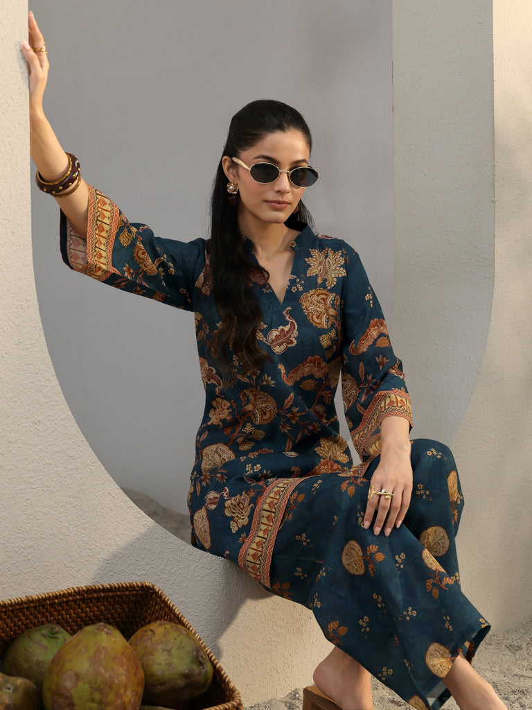 Libas Blue Ethnic Printed Cotton Blend Co-Ord Set