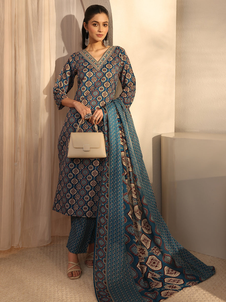 Blue Ethnic Printed Cotton Blend Straight Suit Set With Dupatta