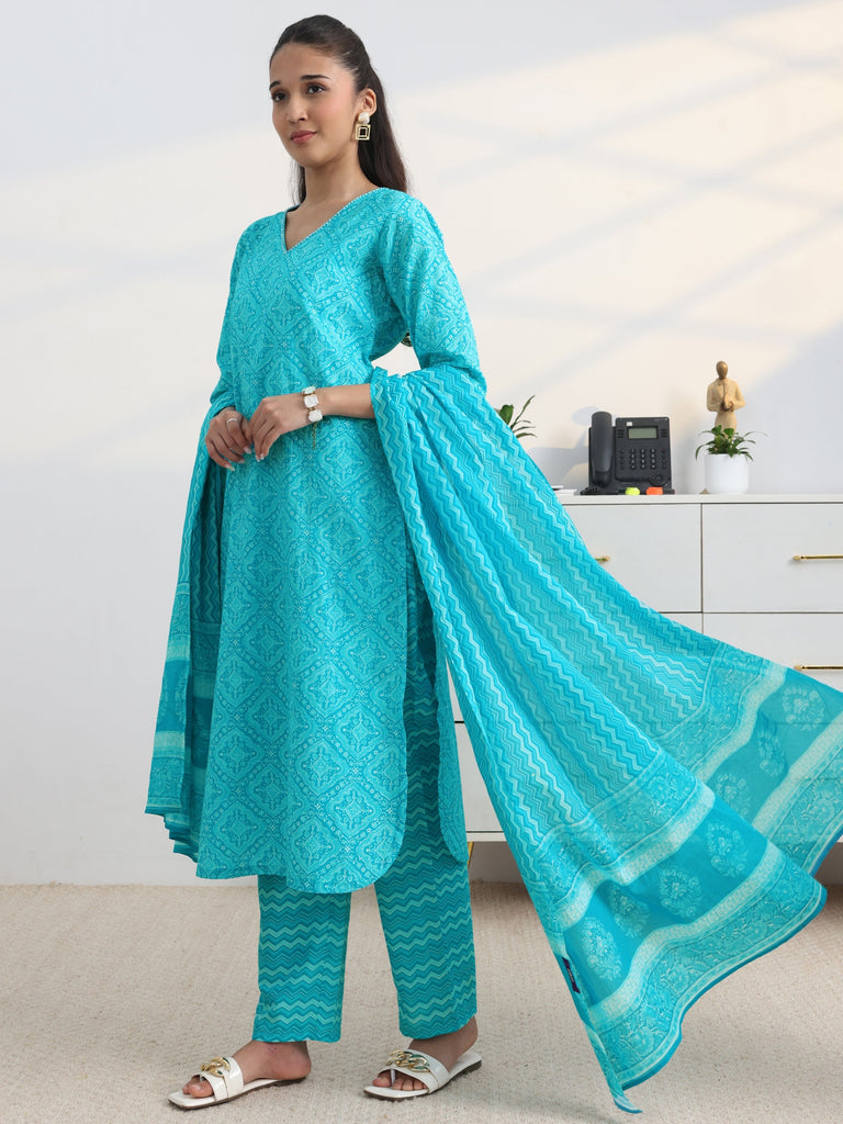 Gerua Blue Ethnic Printed Cotton Blend Straight Suit Set With Dupatta