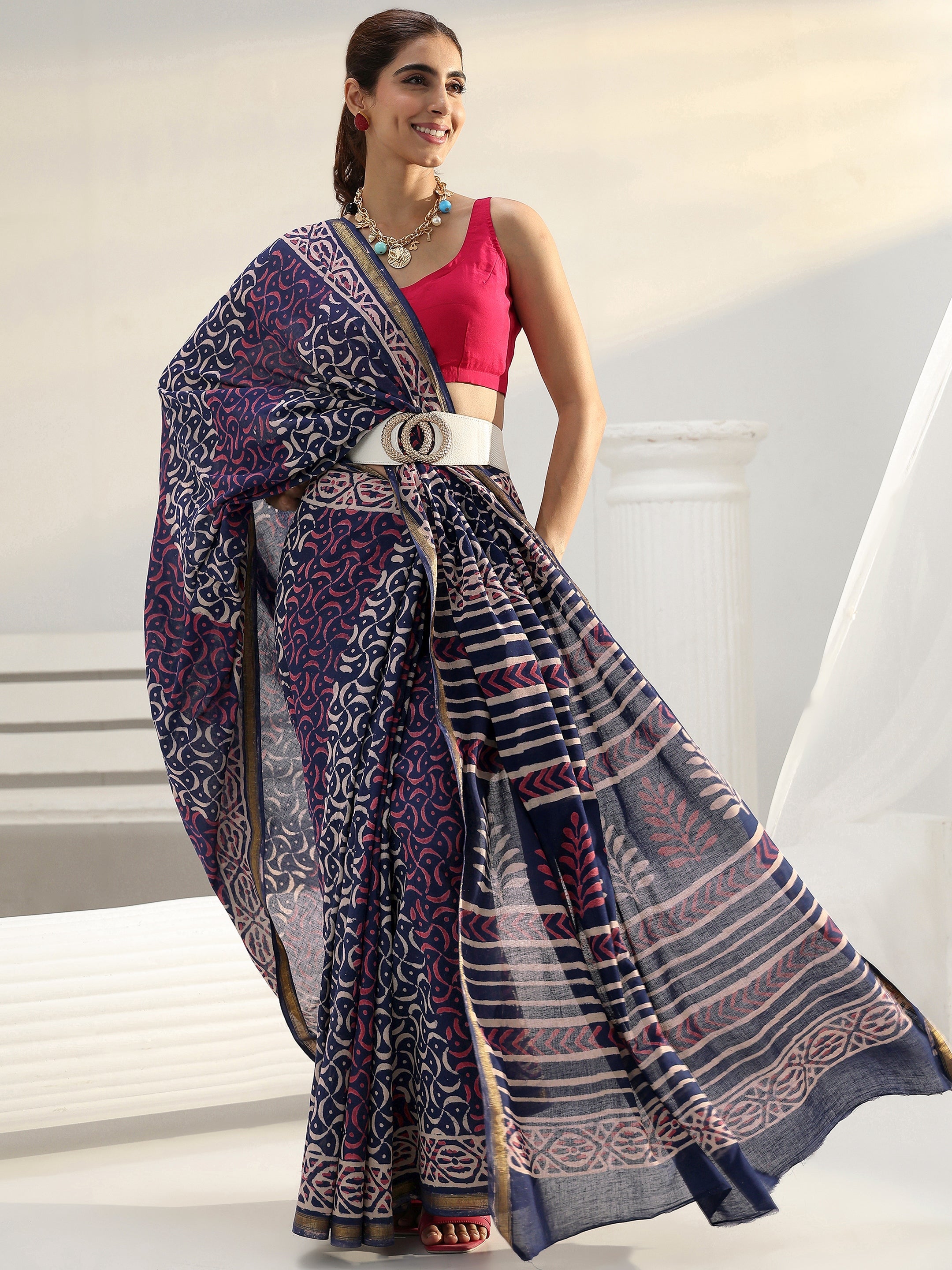 libas Navy Abstract Dabu Print Cotton Saree-picture-25