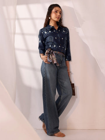 Navy Blue Ethnic Printed Cotton Shirt