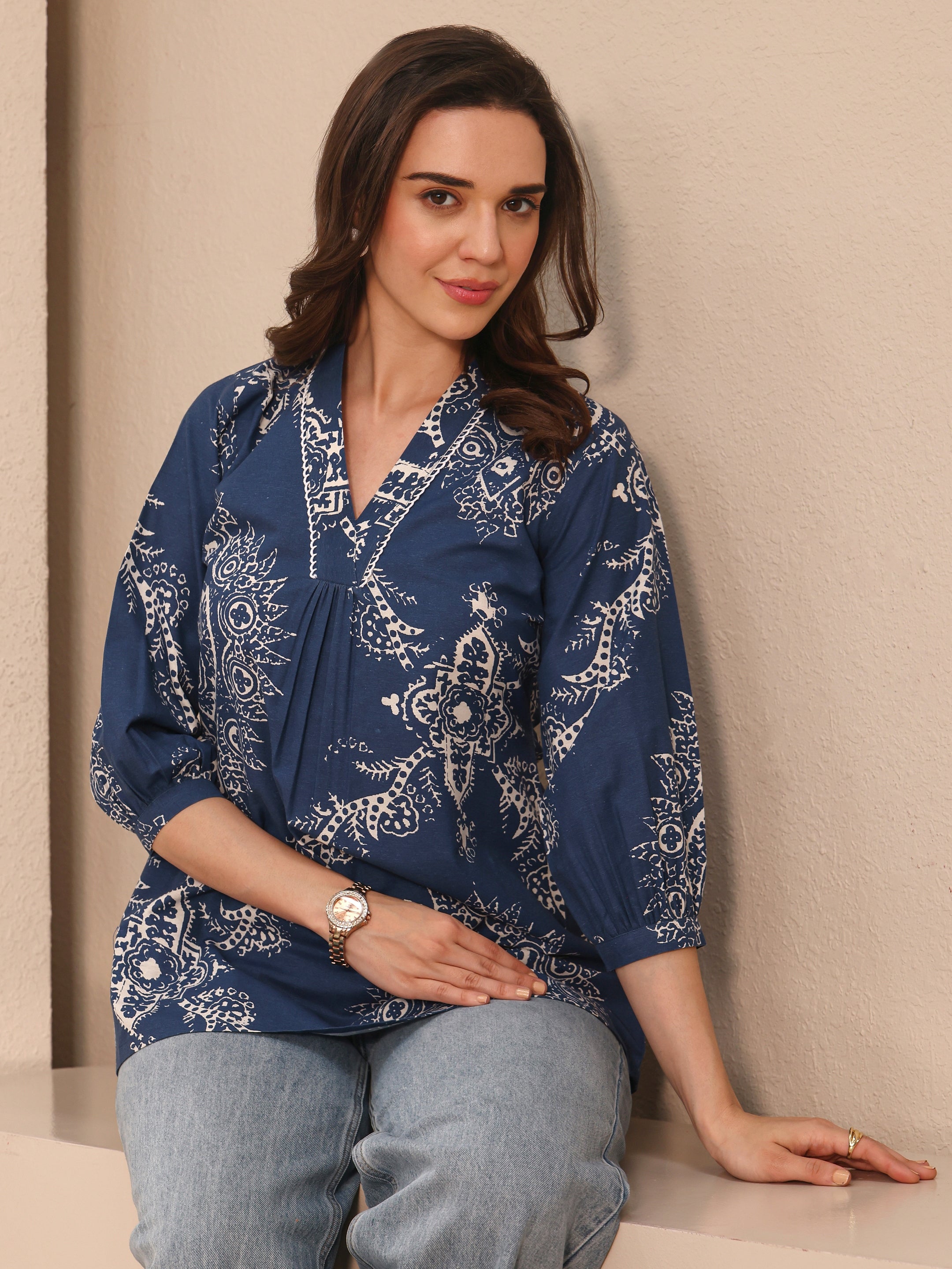 libas Blue Ethnic Printed Cotton Straight Short Kurti-picture-61