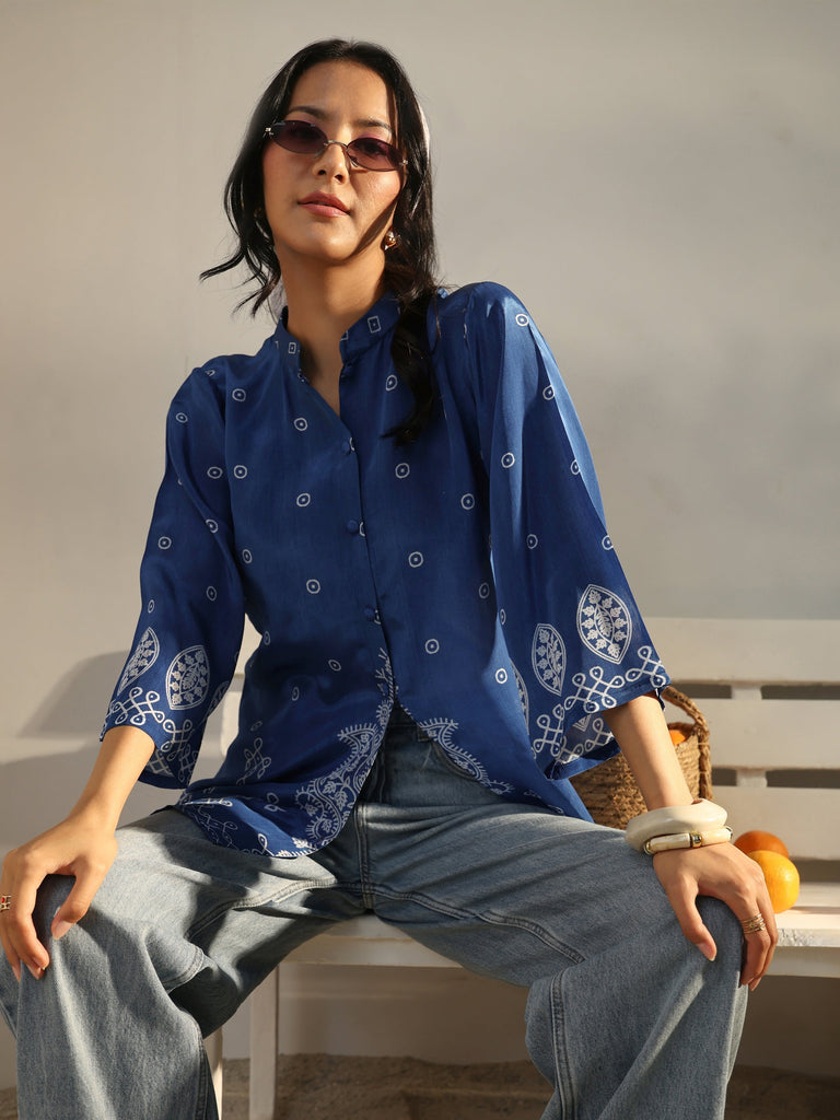 Libas Blue Ethnic Printed Crepe Shirt